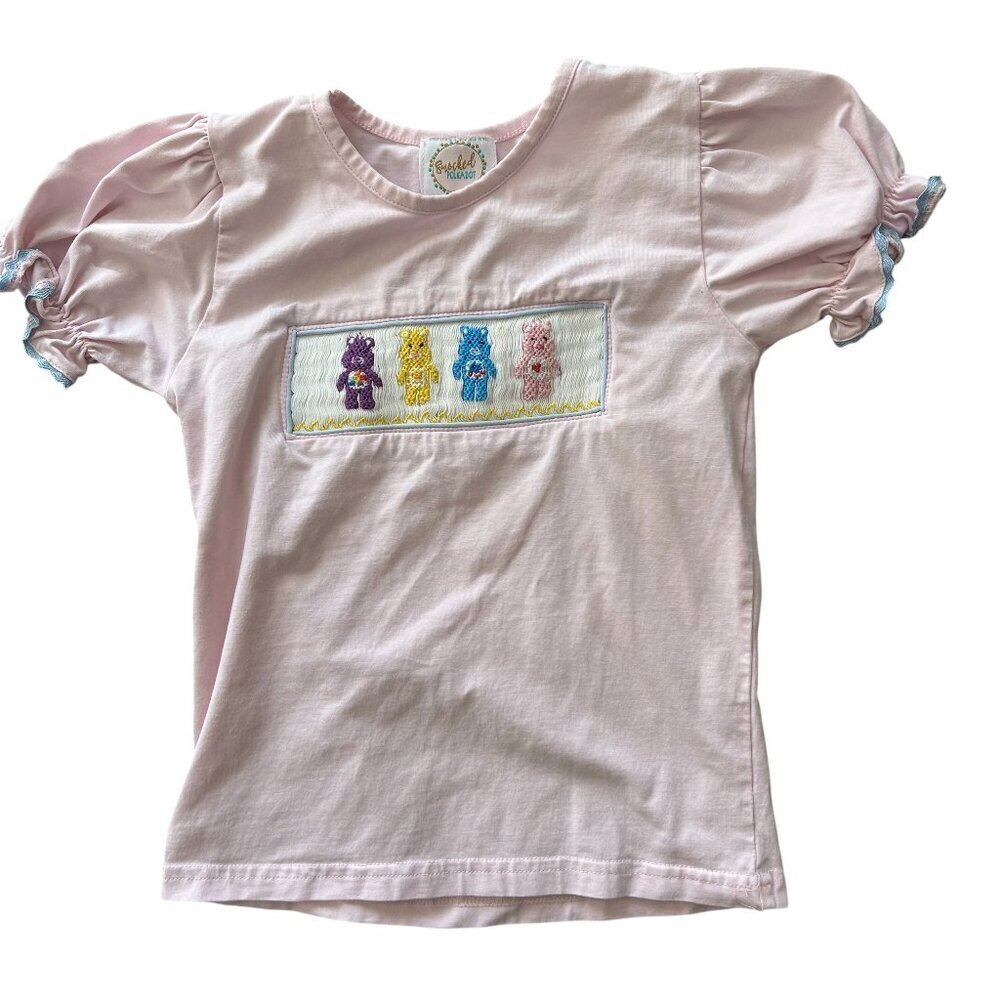 Boutique Care Bears Smocked Puff Sleeve Girls Pink Tee T-Shirt Size 4
